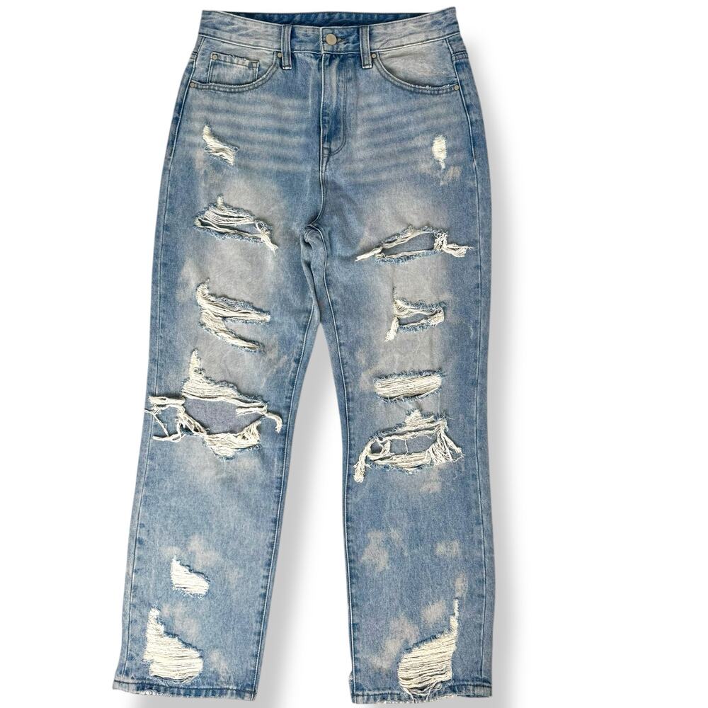 Petra 153 Jeans 27/7 High Rise Distressed Ripped Straight Leg Light Wash Denim